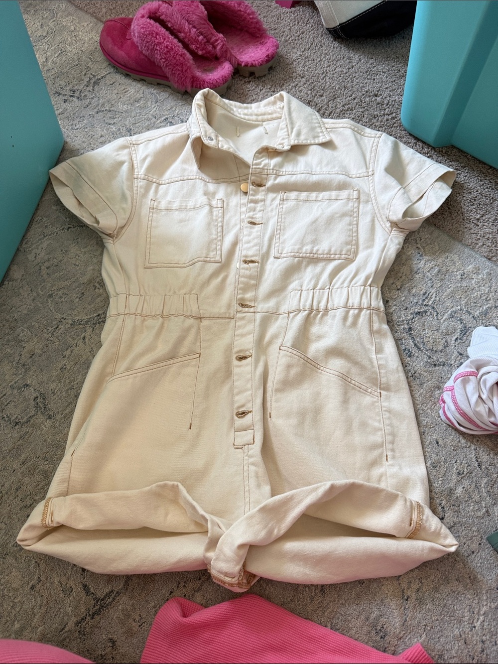 Cream Utility Romper - Button Front